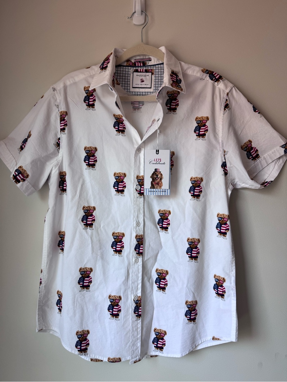 Men’s Denim & Flower White Short-Sleeve Button-Down Shirt with Teddy bear USA